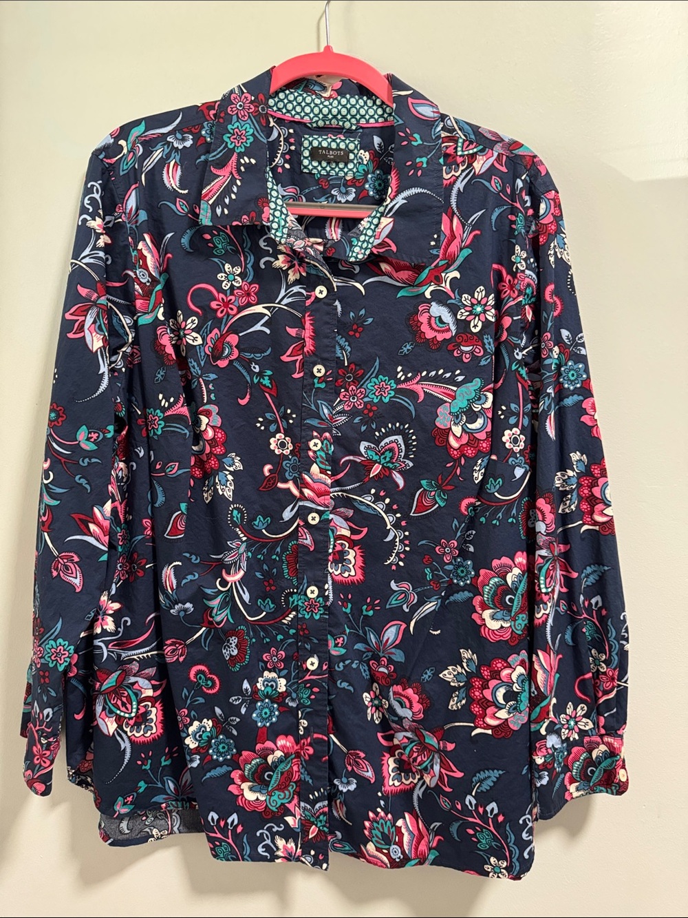 Talbots Navy Floral Button-Down Shirt with Pink and Teal Accents